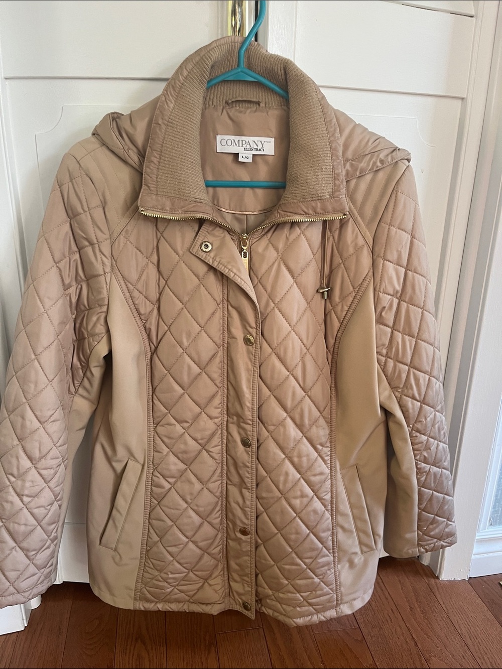 Ellen Tracy Quilted Hooded Jacket in Tan